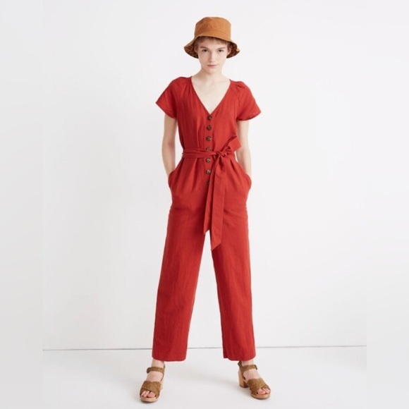 Madewell Linen-Cotton Pleat-Sleeve Jumpsuit Pink Purple Sz 2 - Picture 10 of 10